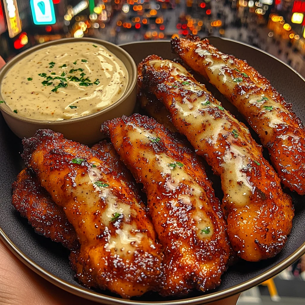 Sticky Honey Garlic Chicken Strips with Creamy Spicy Dip