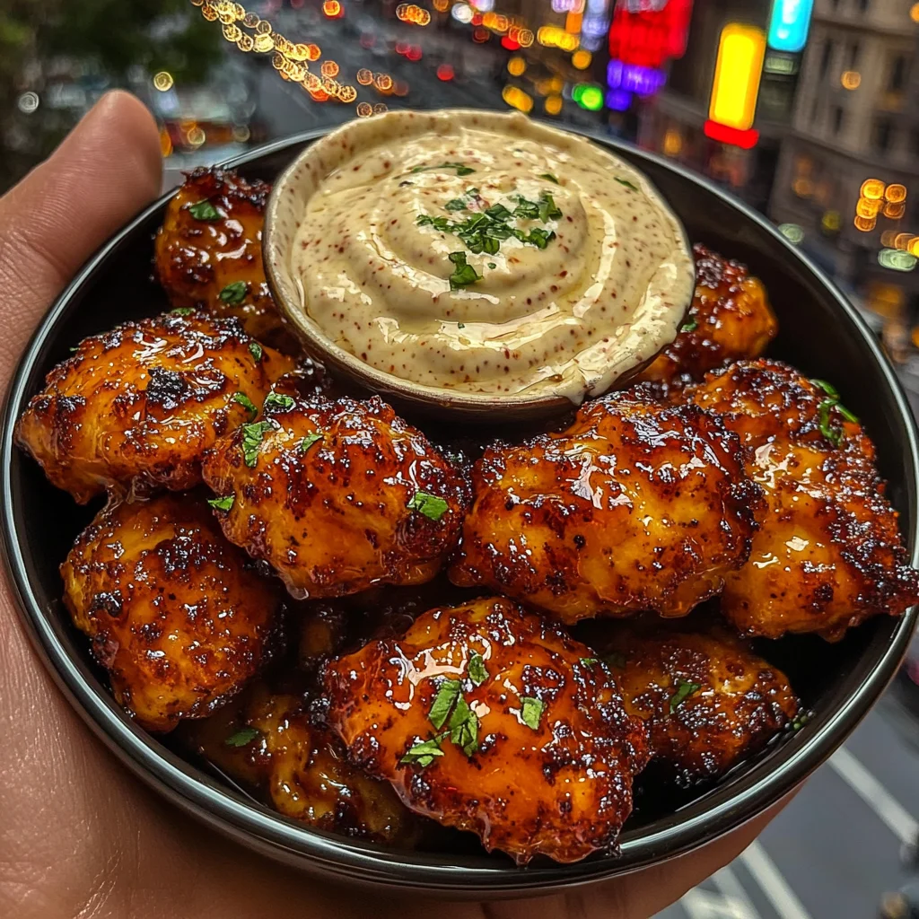 Sticky Honey Sriracha Chicken Bites with Creamy Dip
