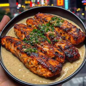 Sweet Chili Salmon Strips with Creamy Coconut Sauce