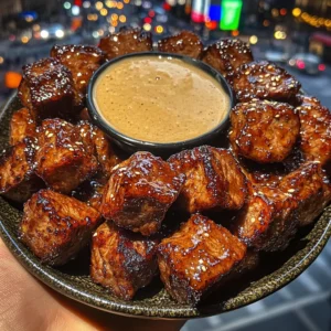 Sweet Soy Beef Cubes with Ginger Sesame Dipping Sauce