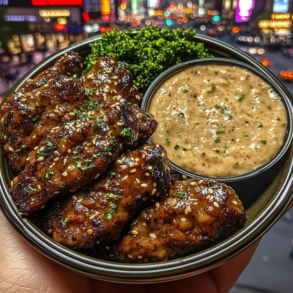 Sweet Soy Beef Tips with Garlic Sesame Dip