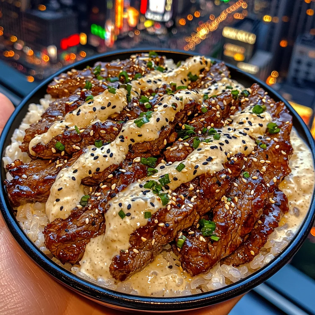 Sweet Teriyaki Beef Rice Bowls with Sesame Cream