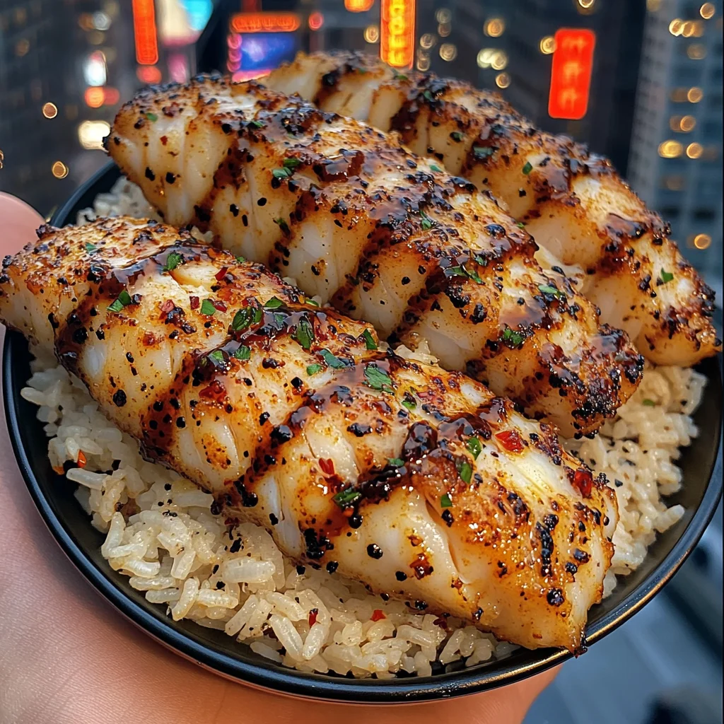 Sweet and Spicy Cod Strips Rice with Chili Garlic Drizzle