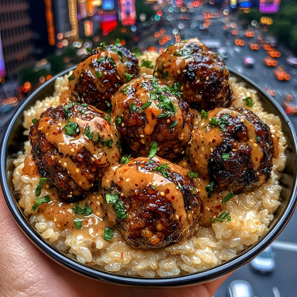 Sweet and Spicy Meatballs Rice Bowls with Garlic Chili Sauce