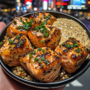 Tender Salmon Bites with Autumn Grain Blend & Creamy Maple Dijon Dip