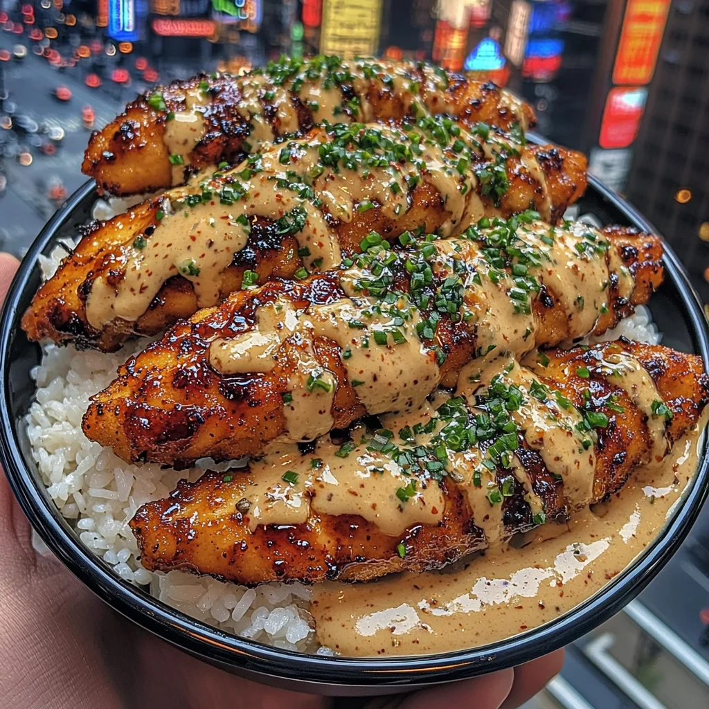 Teriyaki Chicken Strips Rice Bowls with Creamy Sriracha Sauce