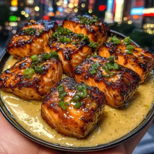 Teriyaki Glazed Salmon Bites with Creamy Pineapple Sauce