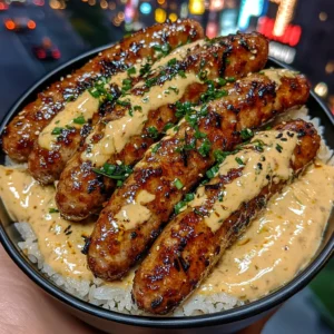 Teriyaki Sausage Strips Rice Bowls with Ginger Chili Cream