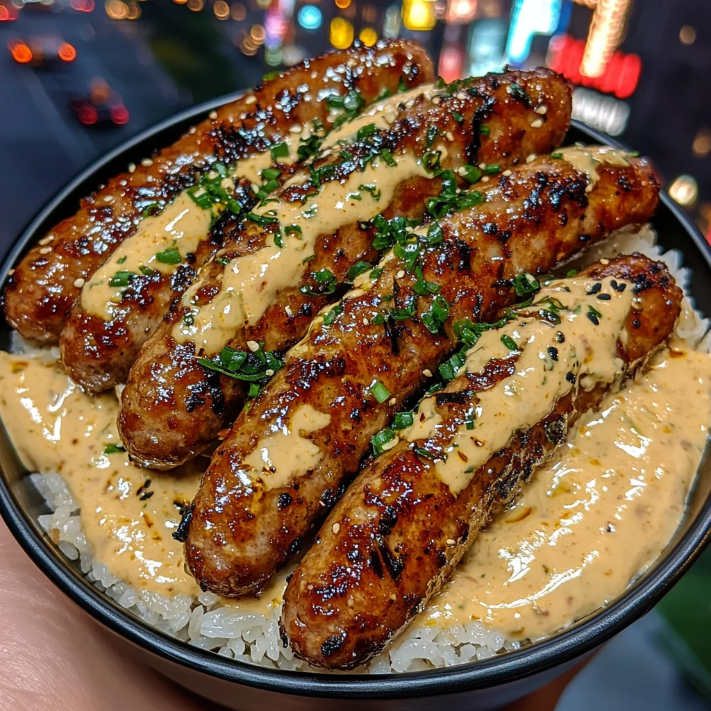 Teriyaki Sausage Strips Rice Bowls with Ginger Chili Cream