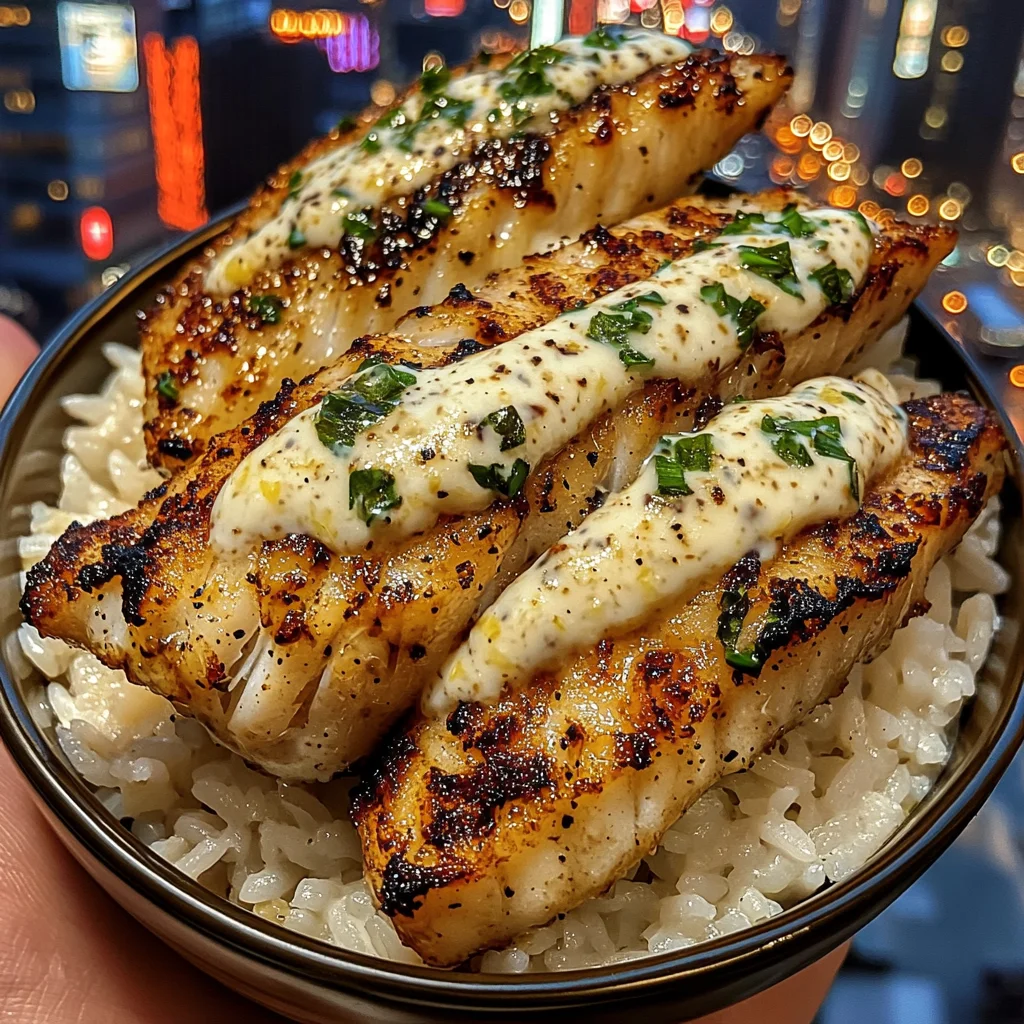 White Fish Strips Rice Bowls with Lemon Garlic Yogurt Sauce