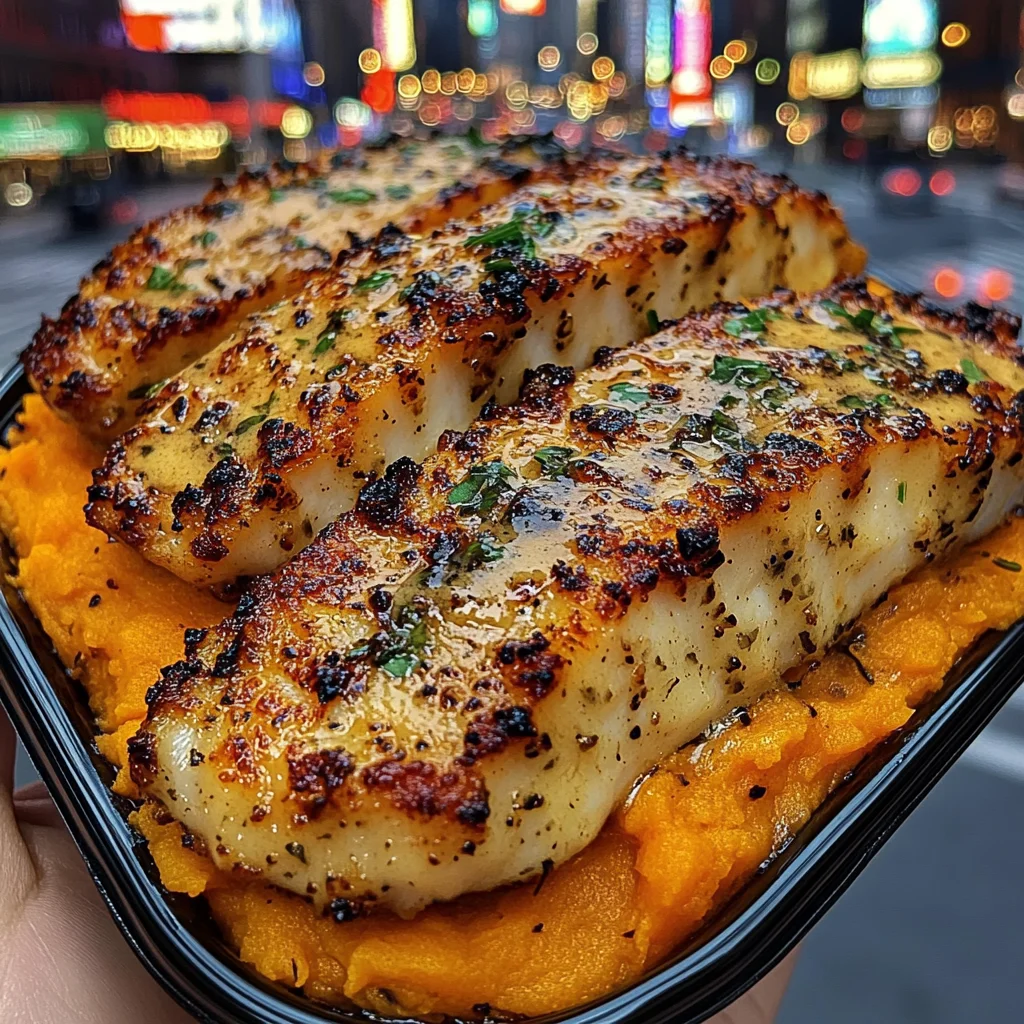 White Fish Strips with Warm Sweet Potato Mash & Zesty Lemon Herb Sauce