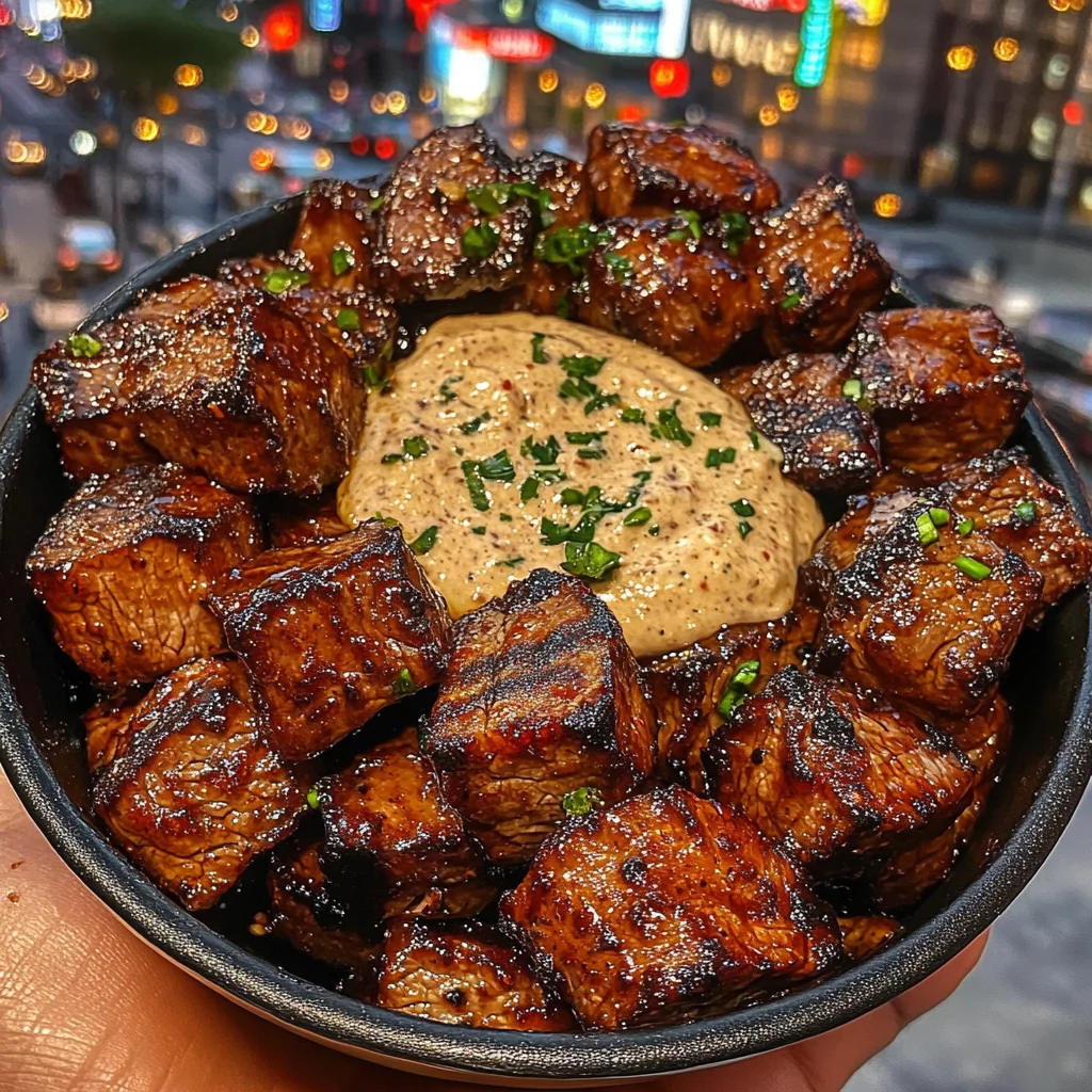 BBQ Beef Cubes with Smoky Garlic Dip