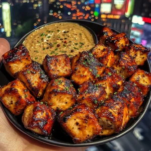 BBQ Chicken Cubes with Smoky Pepper Dip