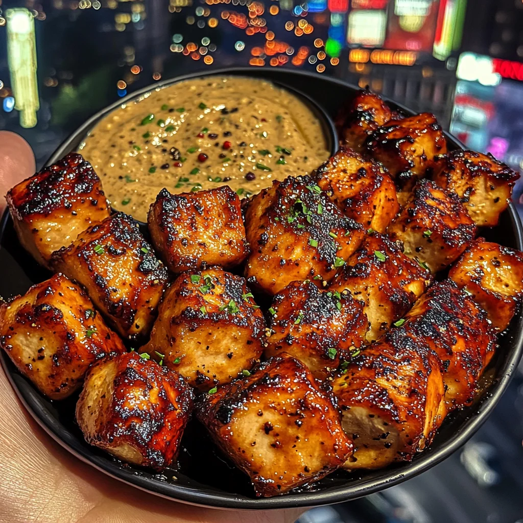 BBQ Chicken Cubes with Smoky Pepper Dip