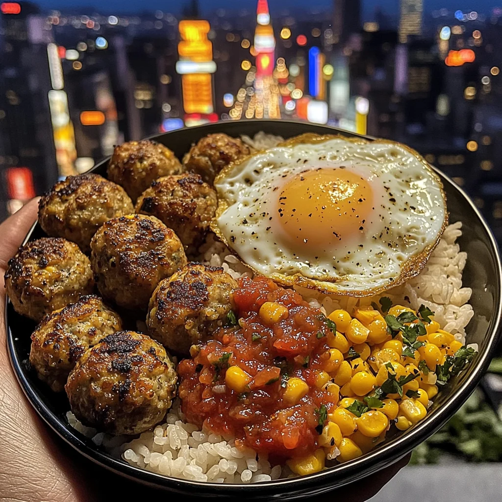 Chicken Meatballs Rice Bowl with Corn, Fried Egg & Zesty Salsa