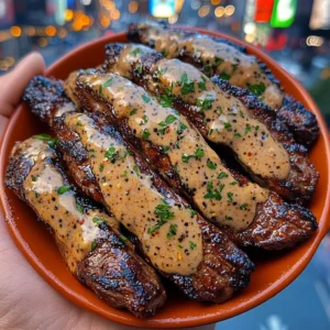 Garlic Butter Beef Strips with Peppercorn Sauce