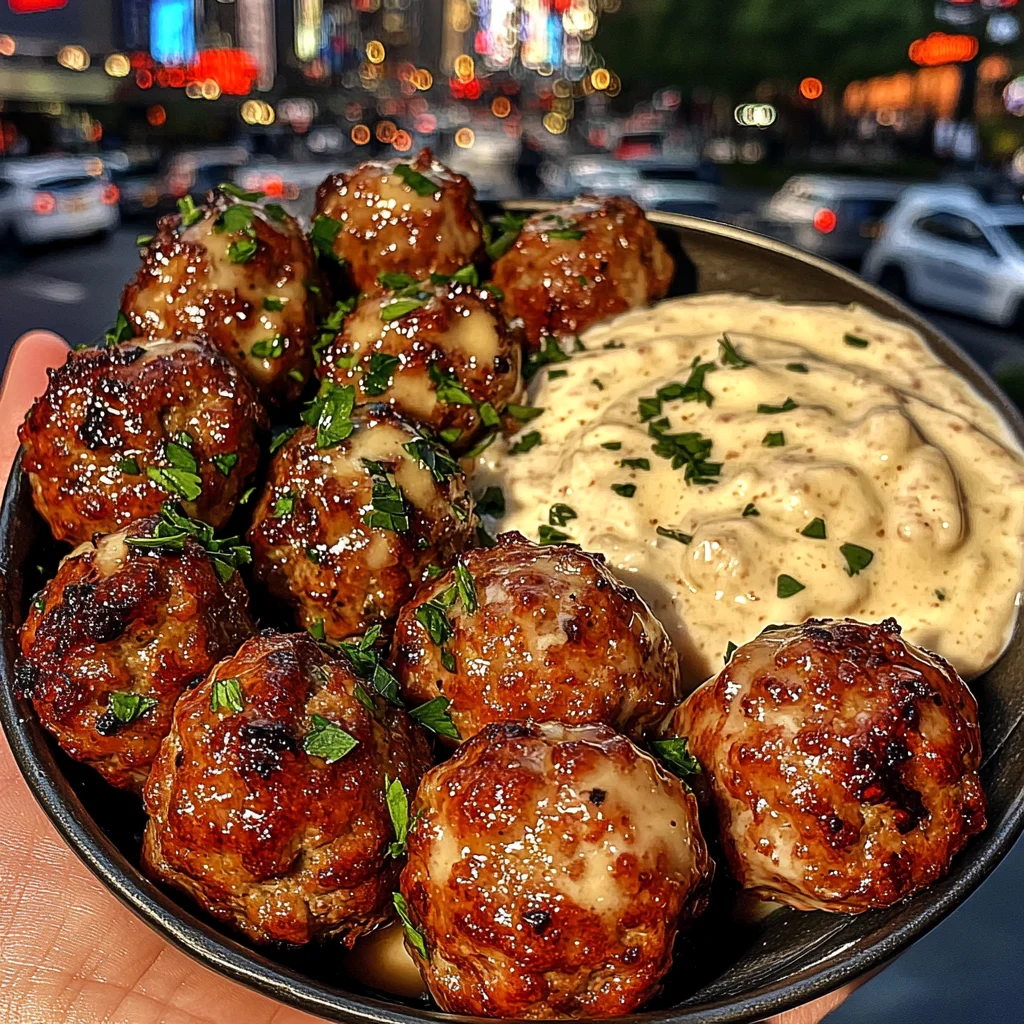 Garlic Butter Meatballs with Creamy Parmesan Dip