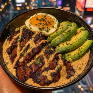 Grilled Steak Bowl with Avocado , egg , Corn Salsa & Creamy Garlic Sauce