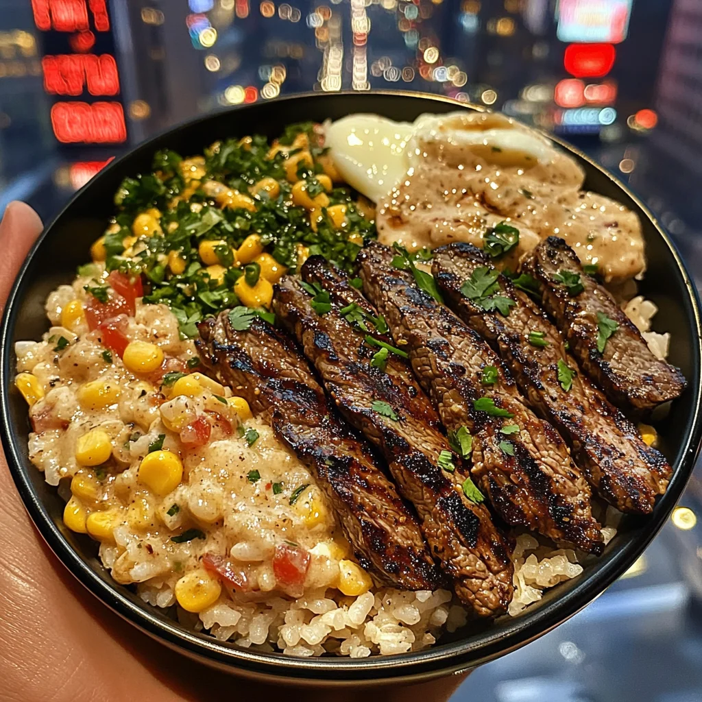 Grilled Steak Strips Rice Bowl with Corn, Egg & Pico Salsa