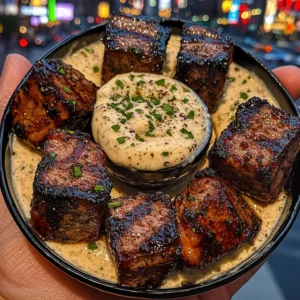 Lemon Herb Steak Cubes with Creamy Garlic Dip
