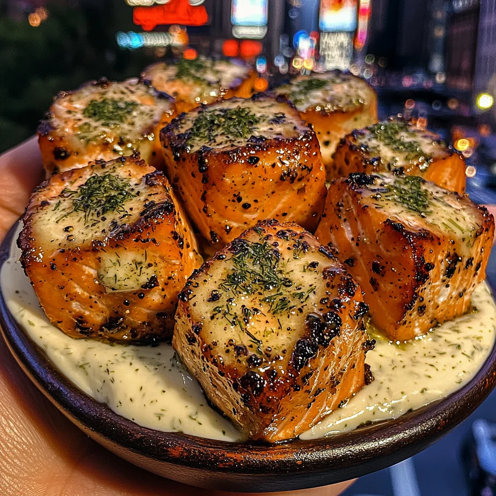 Lemon Pepper Salmon Bites with Dill Cream