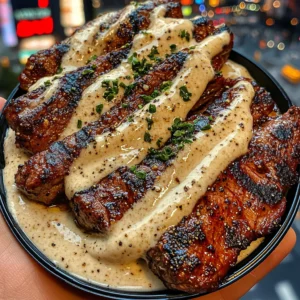 Lemon Pepper Steak Strips with Garlic Cream