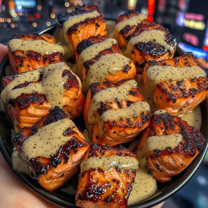 Maple Glazed Salmon Bites with Creamy Dijon Drizzle