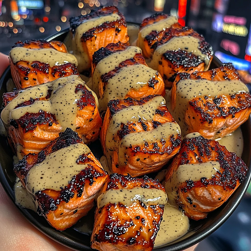 Maple Glazed Salmon Bites with Creamy Dijon Drizzle