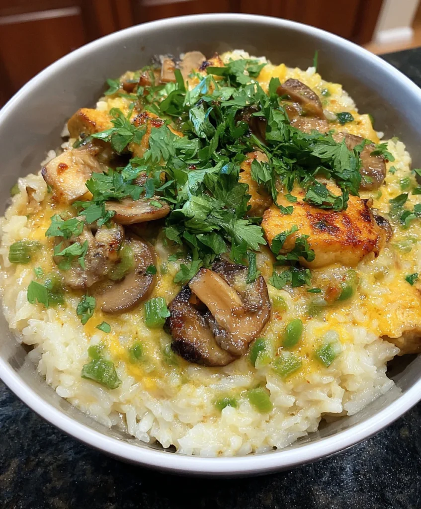 Slow Cooker Creamy Mushroom Chicken & Rice