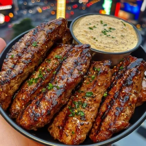 Spicy Garlic Steak Strips with Cooling Dip