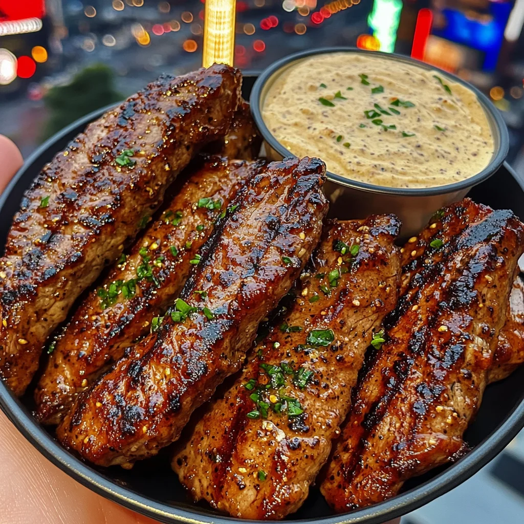 Spicy Garlic Steak Strips with Cooling Dip
