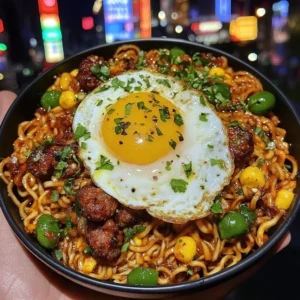 Spicy cheddar jalapeno sausage noodle bowl with a fried egg