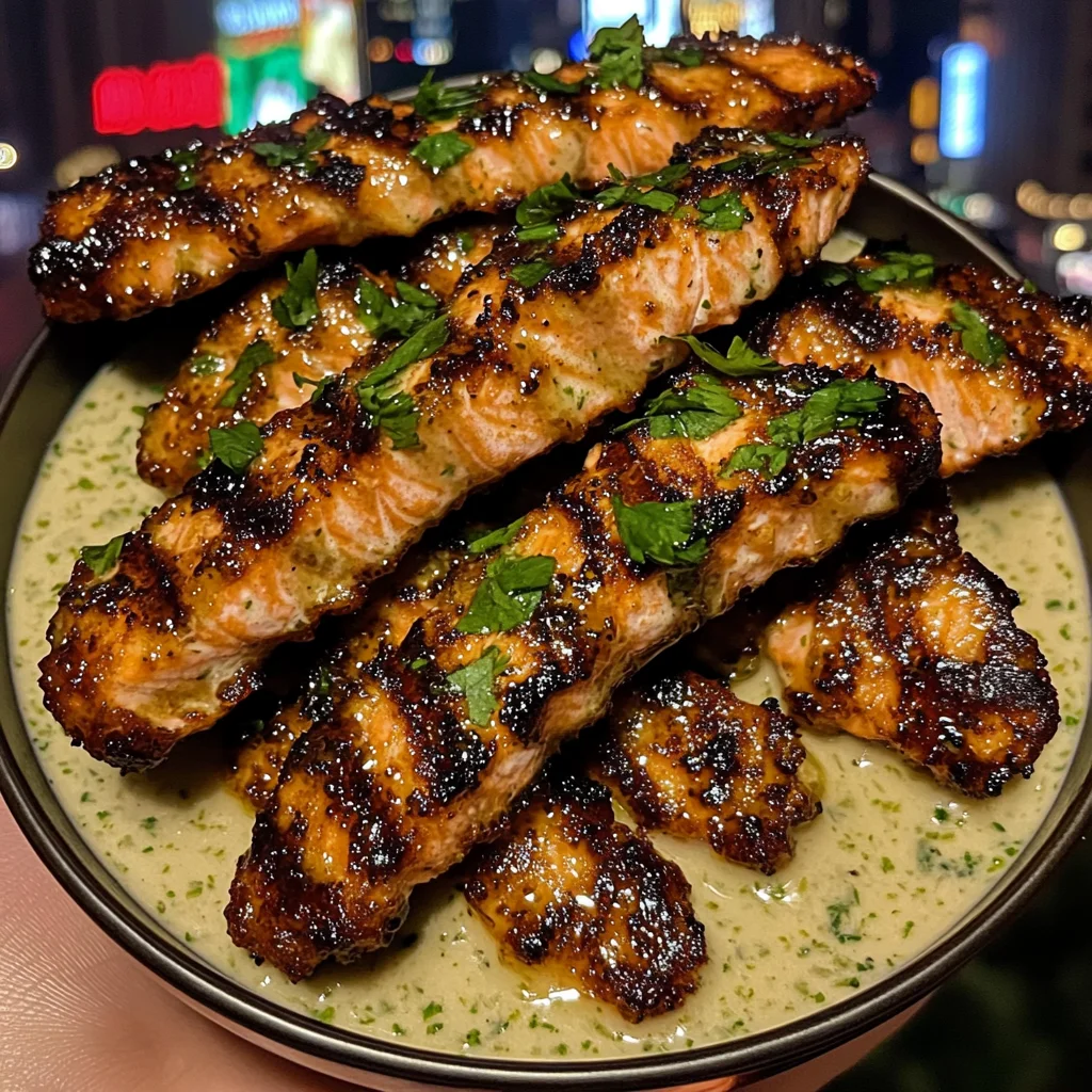 Sticky Honey Lime Salmon Strips with Cool Cilantro Dip