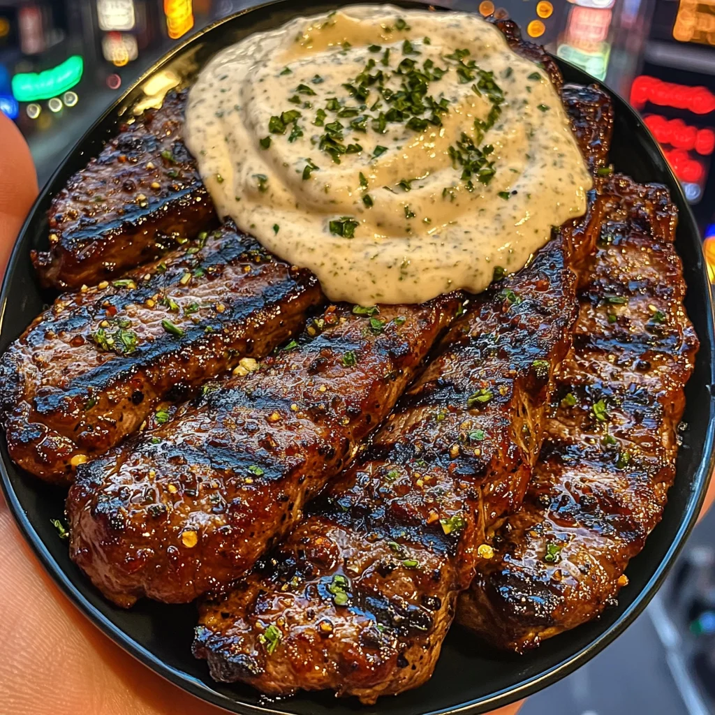 Sweet Garlic Steak Strips with Creamy Herb Dip