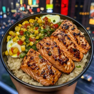 Teriyaki Salmon Rice Bowl with Egg & Fresh Corn Salsa