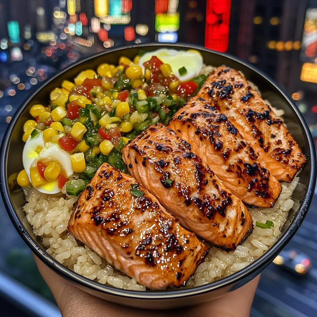 Teriyaki Salmon Rice Bowl with Egg & Fresh Corn Salsa
