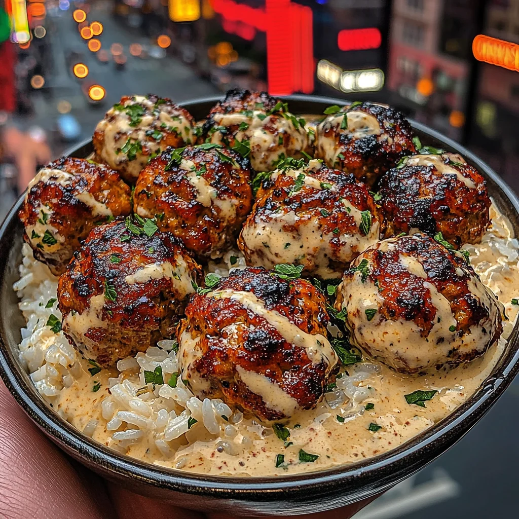 Creamy Garlic Chicken Meatballs with Rice