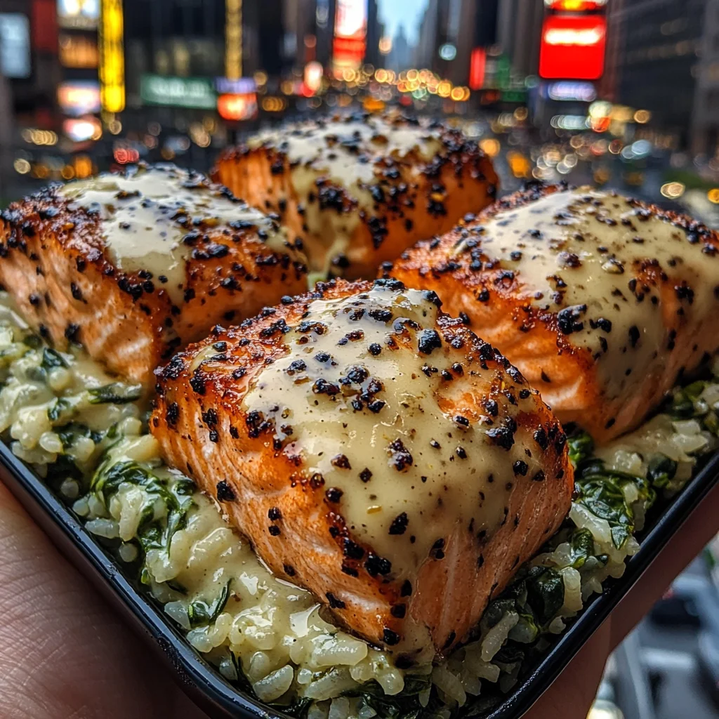 Creamy Garlic Salmon Bites with Spinach Rice