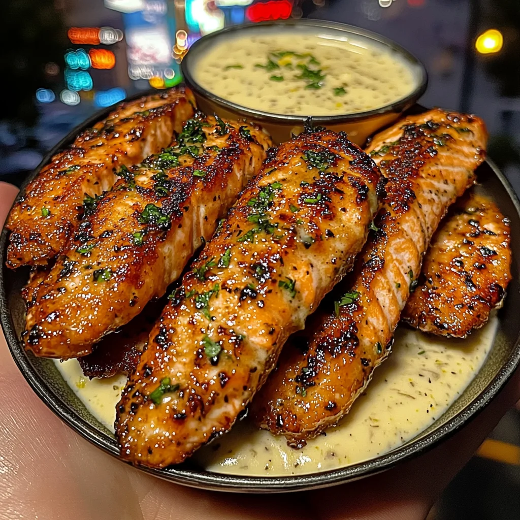 Crispy Garlic Salmon Strips with Lemon Ranch Dip
