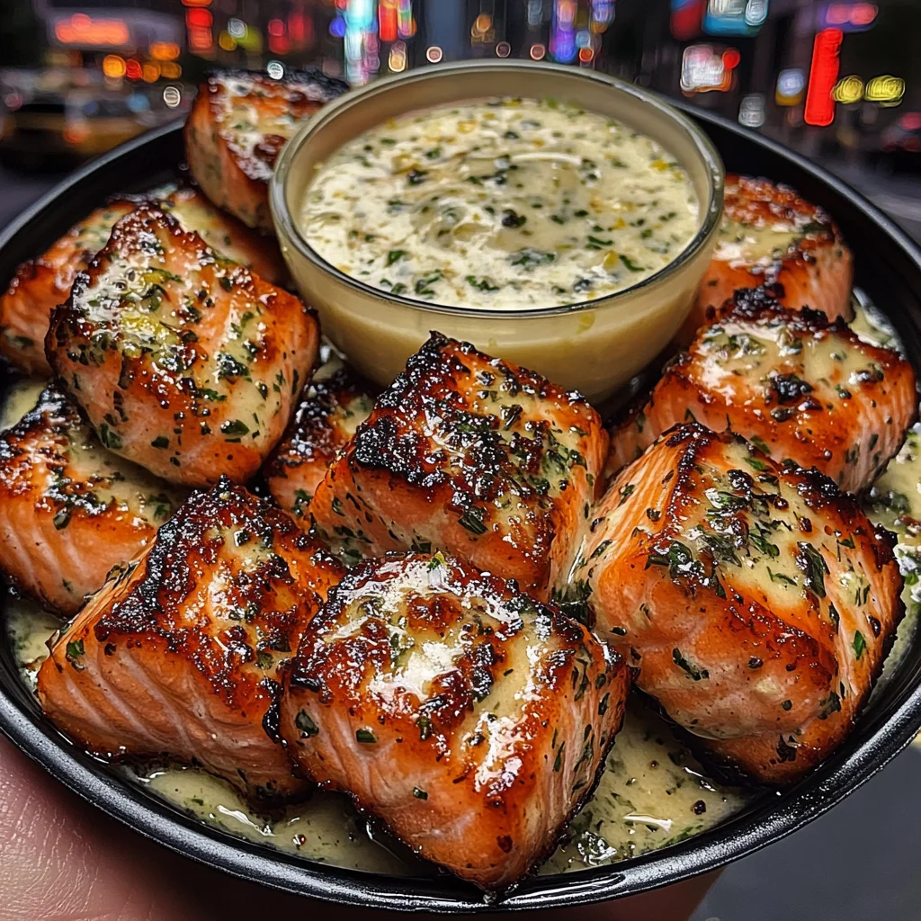 Garlic Butter Salmon Bites with Lemon Herb Dip