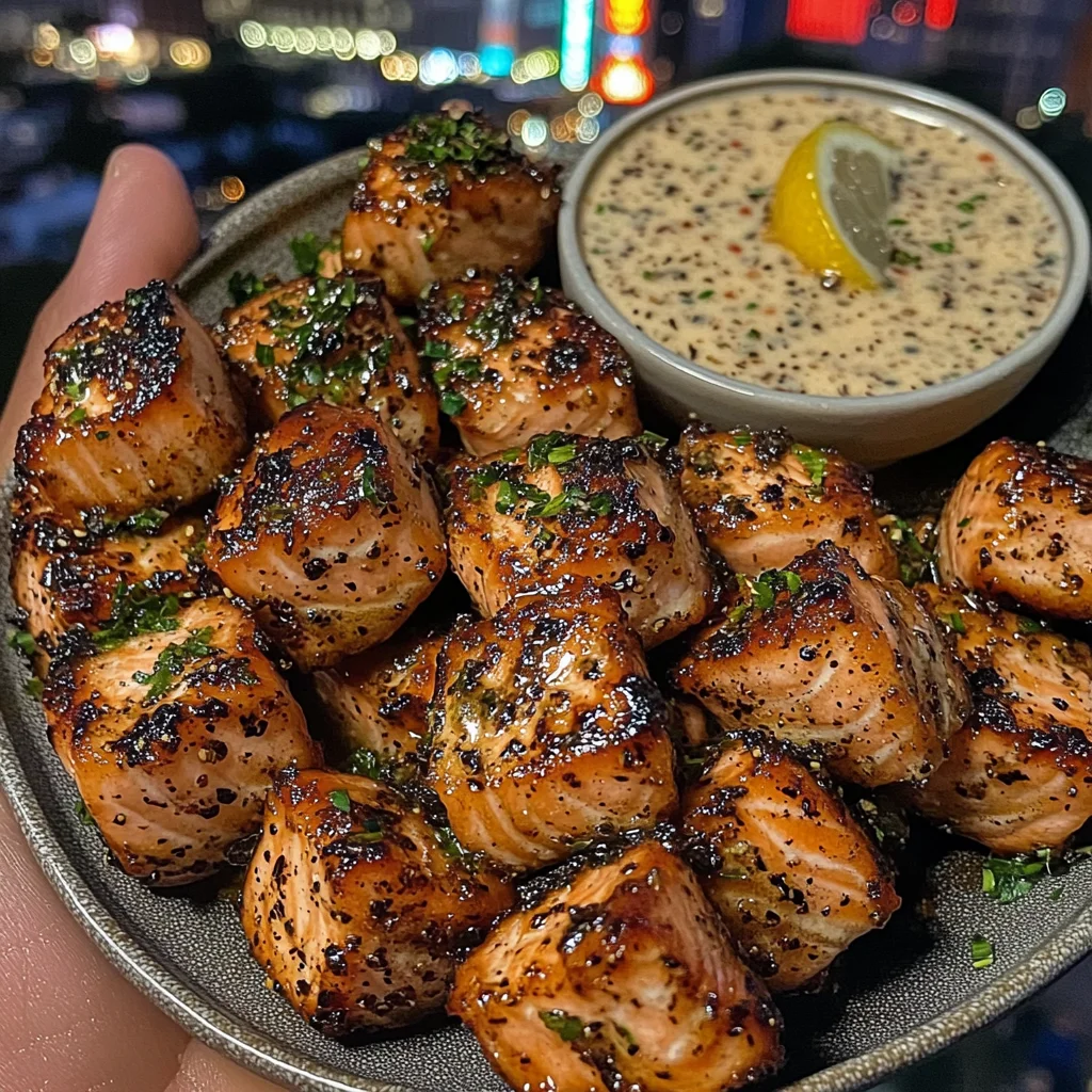 Garlic Butter Salmon Bites with Lemon Pepper Dip