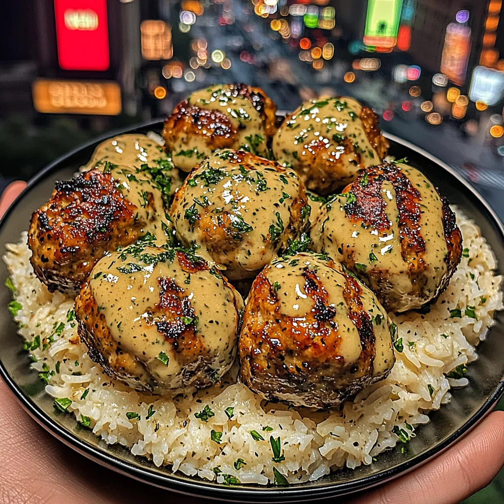 Garlic Chicken Meatballs with Herbed Rice