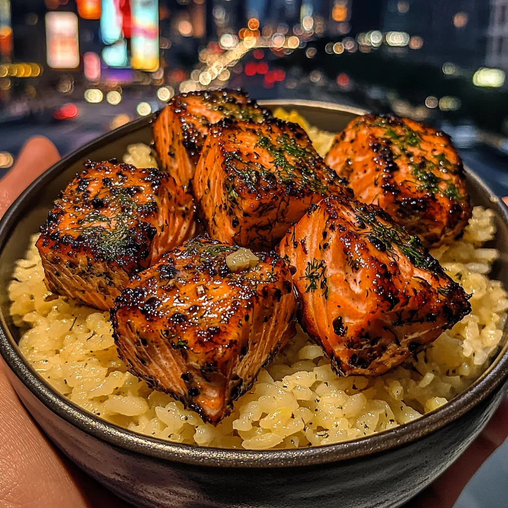Garlic Dill Salmon Cubes with Lemon Rice