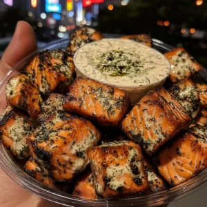 Garlic Herb Salmon Cubes with Creamy Dill Dip