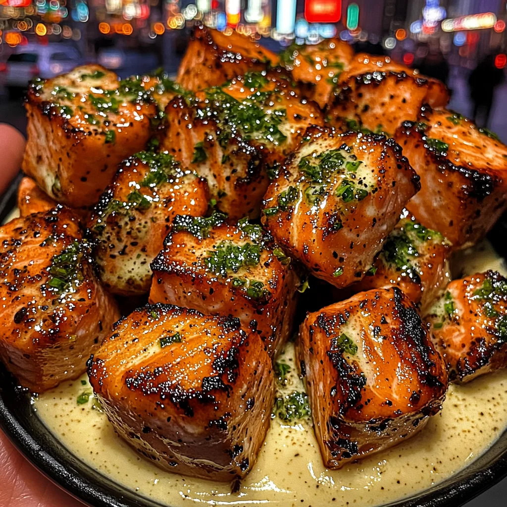 Garlic Herb Salmon Cubes with Lemon Cream