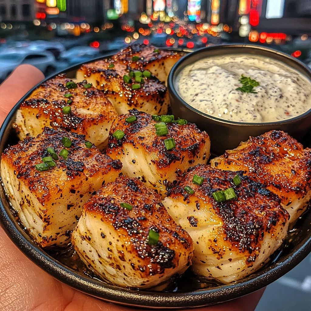 Garlic Pepper Fish Cubes with Cool Tartar Dip