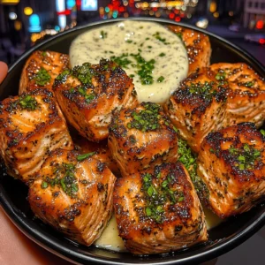 Herb Crusted Salmon Cubes with Yogurt Garlic Dip