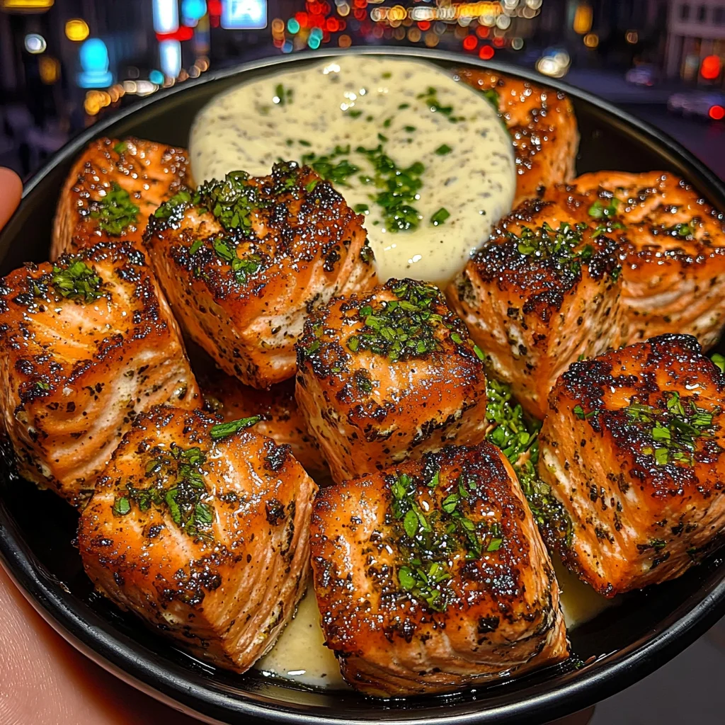 Herb Crusted Salmon Cubes with Yogurt Garlic Dip