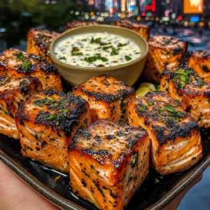 Herb Roasted Salmon Cubes with Yogurt Garlic Dip