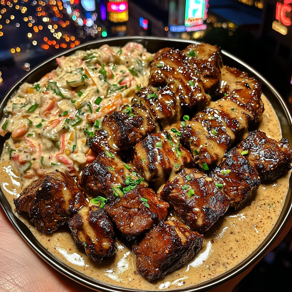 Honey BBQ Beef Cubes with Creamy Coleslaw Sauce